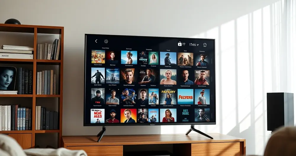 televisão exibindo catálogo de filmes com capas em grade