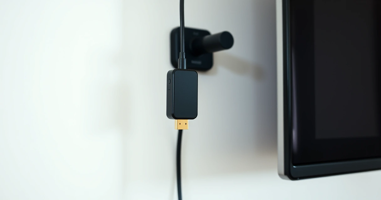 Adaptador HDMI preto conectado atrás de uma televisão fixada na parede