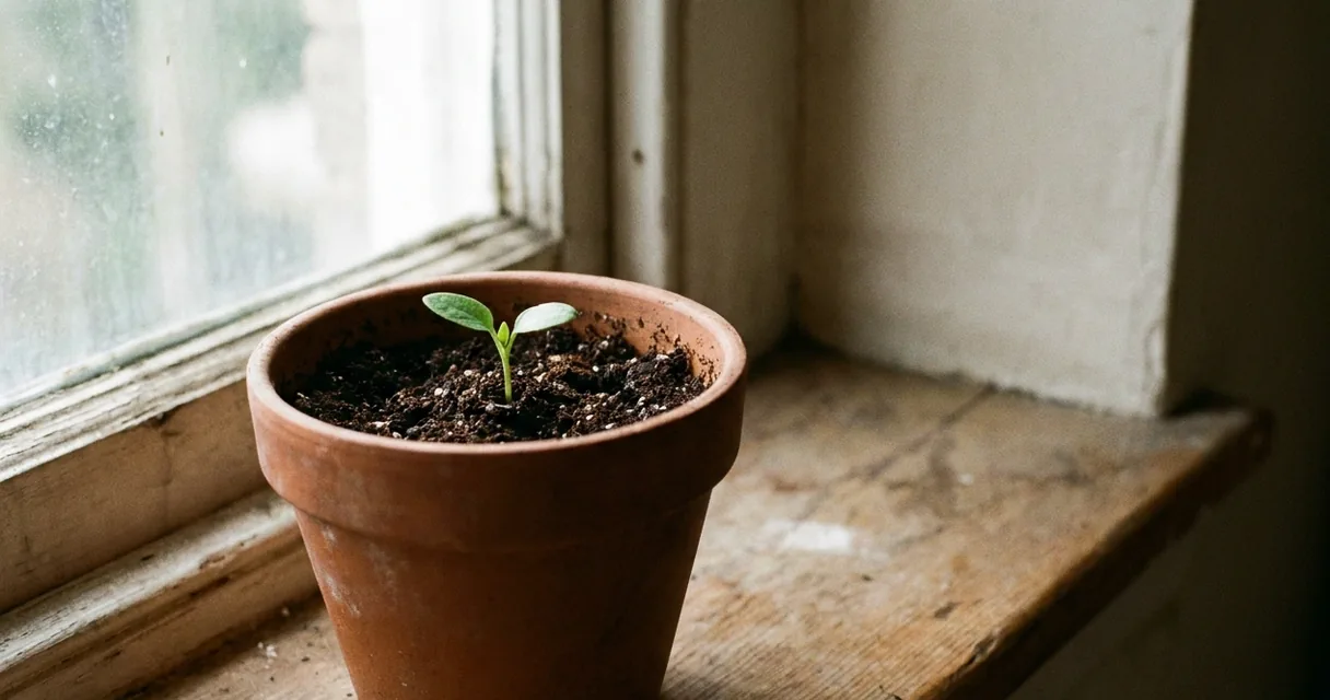 Muda pequena e verde brotando em terra escura dentro de vaso de barro no peitoril de uma janela