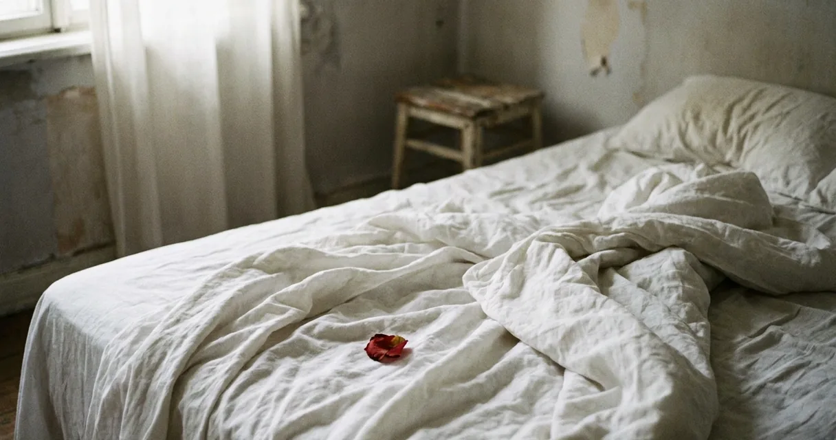 Cama desfeita com lençóis brancos amassados sob luz da manhã, com uma pétala vermelha sobre o tecido