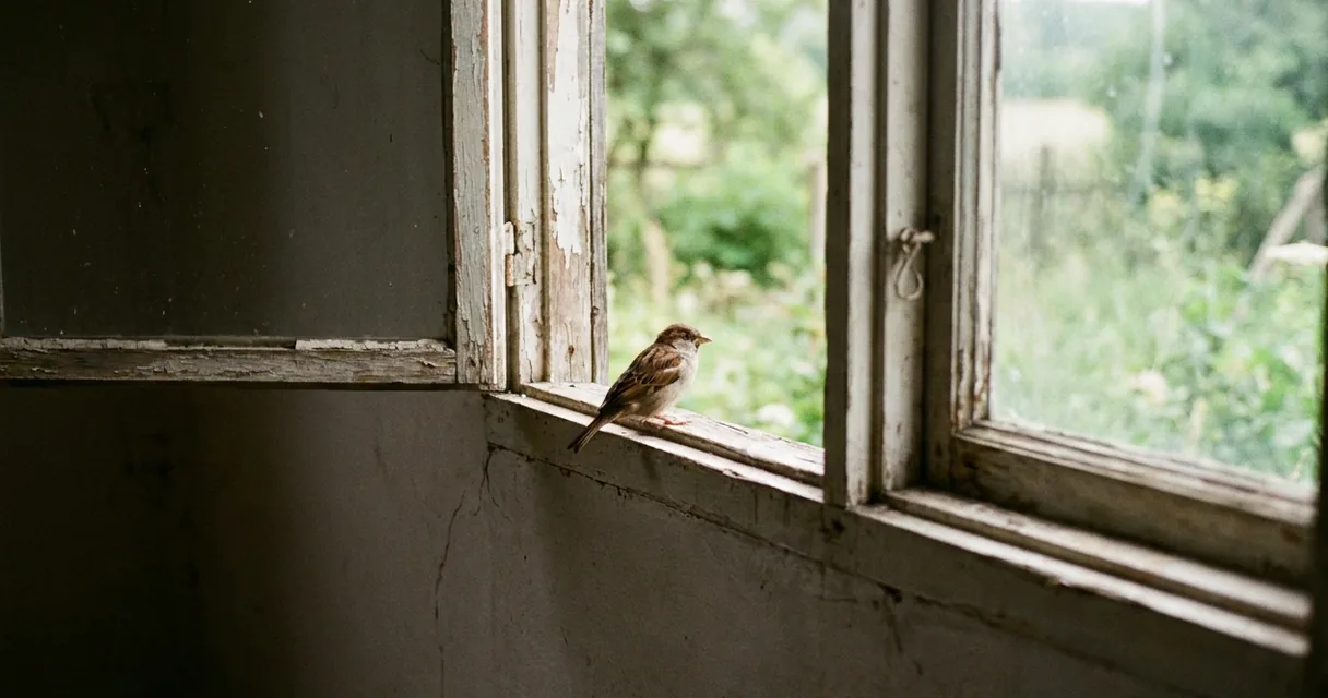 Pardal pousado no peitoril de uma janela de madeira aberta, visto de dentro de um quarto